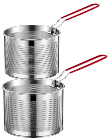 2 PCS Pasta Strainer, Stainless Steel Noodle Strainer with Removable Handle Metal Pasta Basket Deep Fryer Basket, Kitchen Colander for Washing Draining Deep-Frying Boiling Steaming (16＆18cm)