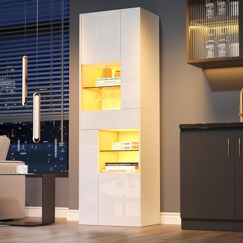 A ALFRESCOOL 55 * 38 * 170 cm Vitrinenschrank, Wohnzimmer Schrank mit 1 Schublade und 4 Schränken, Glasvitrine mit LED-Beleuchtung, Vitrine Mit Hochglanz-Design für Wohnzimmer/Schlafzimmer(Weiß)