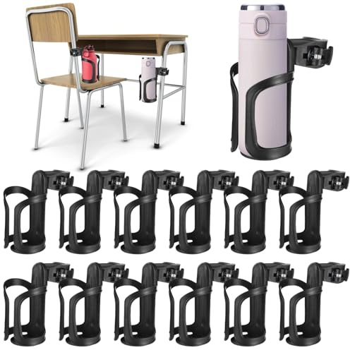 12 PCS Water Bottle Holder for Classroom Desk Chair, Anti-Spill 360° Rotating Bike Cup Holder Clamp, Adjustable & Secure, Multi-Use Mount for Stroller, Bike, Office, School