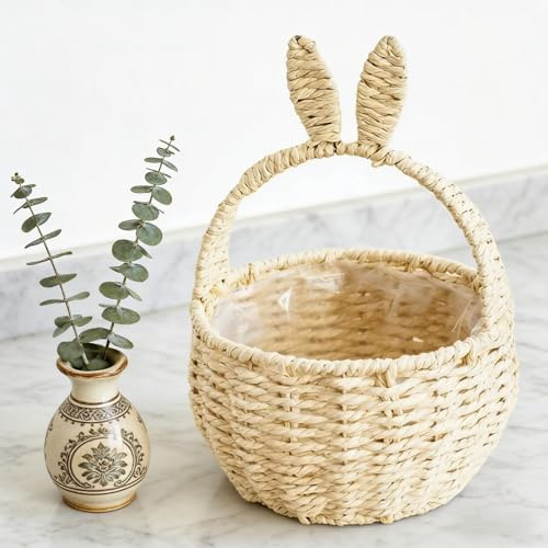 Rabbit Shaped Woven Basket, Hand-Woven Paper Rope Easter Basket with Handle for Egg Hunts, Kids Storage & Decor, Toy Organiser, Gift Basket (28x18x18cm) (Beige)