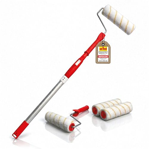 mako Teleskoproller-Set EASYREACH - 7-teilig, Alustiel 108-175 cm | Per Knopfdruck ausziehbarer Alustiel, 4 Antitropf-Malerwalzen, 2 ergonomische Bügel, Universalkonus - für Decken & hohe Wände
