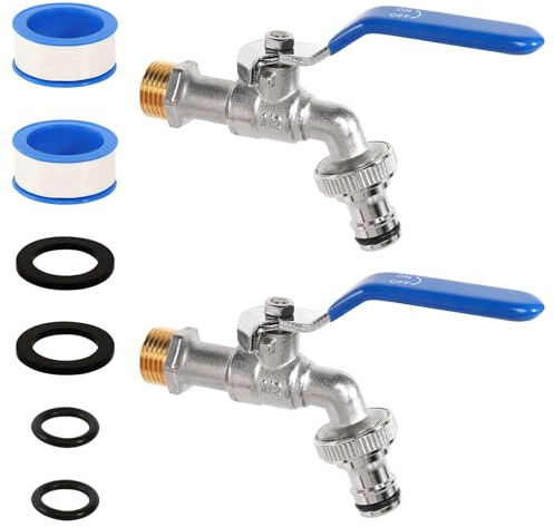 2 Stück Garten Wasserhahn mit Gartenschlauch Messing Adapter 1/2 Zoll Kugelauslaufhahn mit Rollendichtband und Schlauchanschlüsse für Garten Regentonne, Wasserhahn Aussen Blau