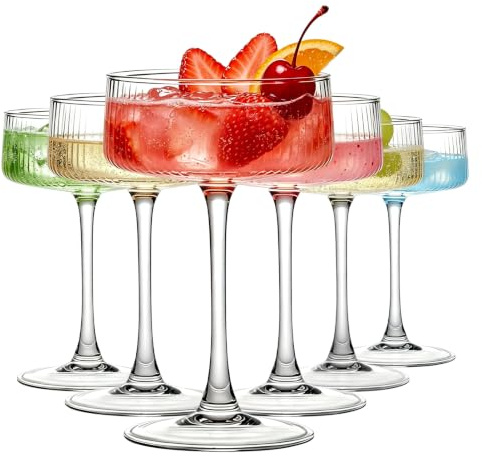 Martini Glasses Set of 6, 265ml Cup Ribbed Glass Set, Vintage Martini Glasses Classic Cocktail Glassware, Bar Drinks Perfect for Champagne Wine Cocktails