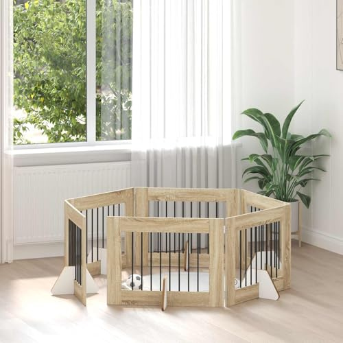 QUAHEAS Hundetor mit Ständern 6 Stück Sonoma-Eiche 80 x 60 cm faltbar Metall und Holz für Hunde Welpen Indoor und Outdoor Schutz Absperrung modular tragbar