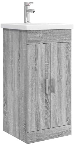 mzdioop Badezimmerschrank mit Waschbecken und Wasserhahn Grau Sonoma Holzwerkstoff 42 x 40 x 84,5 cm Badschrank mit Stauraum und Tür für modernes Badezimmer Möbelset