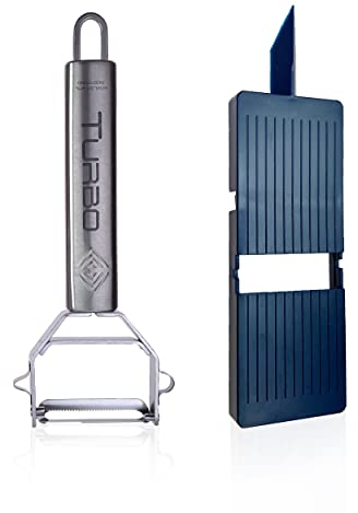 Turbo Produkte Pelador de Papas con Tabla de Cortar - Herramienta de Acero Inoxidable para Pelar, Cortar en Juliana Todo Tipo de Vegetales, Frutas y Verduras - Cuchilla Afilada y Doble Dentada