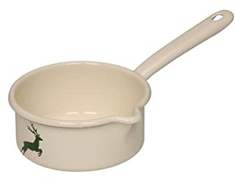 Riess, 0036-072, Stielkasserolle mit großem Ausguss ø 14cm, HIRSCH GRÜN, Emaille, Vol. (rec.): 0,8 Liter, Made in Österreich, LBH: 30,7x17,3x9,1cm, 0,415kg, Induktionskocher kompatibel, Ofenfest