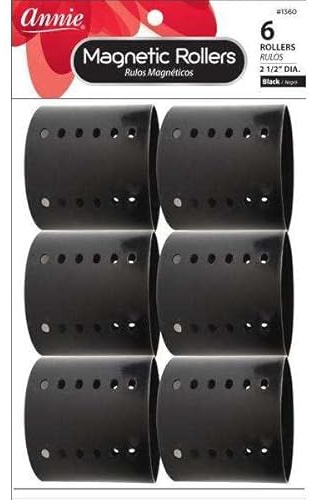 Annie Magnetic Hair Rollers 2.5 Inch Jumbo, 6 Count Black Snap-On Curlers for Smooth Defined Curls & Waves, For Dry or Damp Hair, Use With Pins/Clips, No Heat