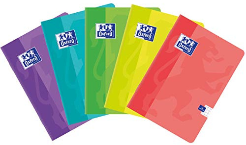 Oxford Schulheft A5 Kladde 16 karierte 5mm Blätter mit Seitenrand, Optik Paper 90 g, weicher laminierter Umschlag, Notizbuch Set für Büro & Schule, 10 Stück-Packung, Farbenmix