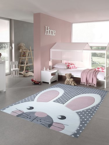 Traum Kinderteppich Spielteppich Teppich Kinderzimmer Babyteppich Hase in Rosa Weiss Grau Größe 120 cm Rund