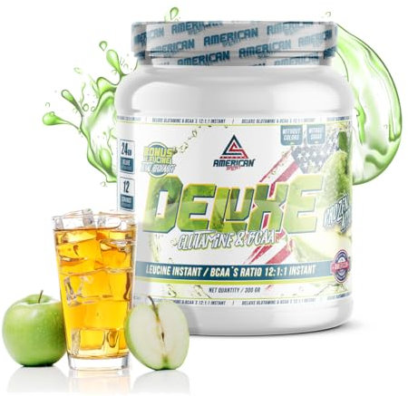 AS American Suplement | BCAA'S avec Glutamine Deluxe | Aide à Éviter le Catabolisme | BCAA Poudre pour la Recuperation Musculaire | Améliore les Performances | Sans Sucre (300 gr, Pomme)