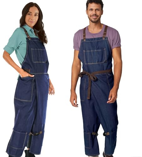 Under NY Sky Pottery Blue Apron – Full Cover Cross-Back, Durable Denim, Leather Reinforcement and Overlapping Split-Leg – Adjustable for Men and Women – Pro Pottery Artist, Mechanics