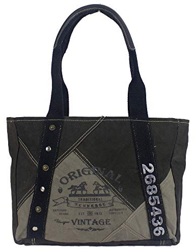 Sunsa Canvas Handtasche. Vintage Damen Tasche. Schultertasche Schwarz/grau | Retro Damentasche mit Pferde Aufdruck. Große Shopper DIN A4 geeignet. Stabile Tote Bag für Alltag, Reise & Freizeit