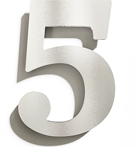 Edelstahl Hausnummer 5 - massiv, wetterfest & rostfrei - 14 cm groß - mit Befestigungsmaterial - Design Hausnummern-Schild gebürstet N-02-5-E