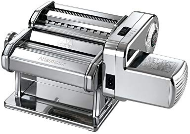 MARCATO Made in Italy Atlasmotor 110V Electric Pasta Machine, Chrome Steel. Set includes Atlas 150, handcrank, clamp, Pastadrive motor, and instruction manual