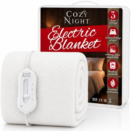 Cozy Night Single Electric Blanket, Size 90 x 192cm, Soft Fleece Fitted Underblanket Mattress Cover, Quick Fit Corner Straps, 3 x Heat Settings, 70W Control and Machine Washable