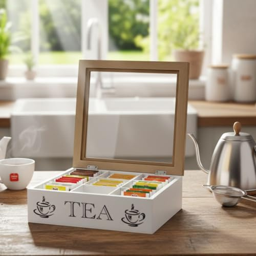 Maison Des Cadeaux Boîte de rangement vintage en bois bicolore 9 compartiments pour sachets de thé ou café