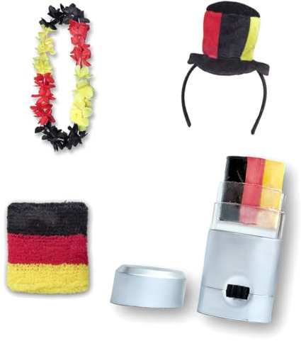 Sonia Originelli Fanset Fanartikel Zylinderhut als Haarreif, Blumenkette, Schminkstift, Schweißband EM WM Fussball Farbe: Deutschland