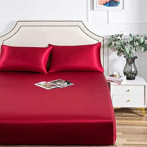Damier Satin Spannbettlaken 160x200cm Rot Weinrot Seide Glänzend Spannbetttuch Hochwertiges Satin Deluxe Bettlaken, geeignet für Matratzen bis 30cm