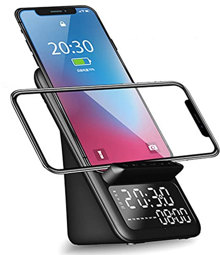 LED Digitalwecker mit Qi Wireless Schnellladung für Schlafzimmer, 3 in 1 Bluetooth Lautsprecher Am Nachttisch, Nicht Tickende Unterstützung für UKW Radio