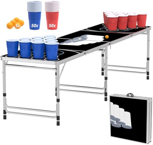 VA-Cerulean Table Beer Pong avec 100 gobelets et 5 balles, pliable, étanche à l'eau, table audio pour jeux à boire, jeux de fête, jeux de lancer et jeux classiques Noir