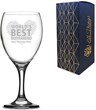 Personalised Engraved Wine Glass with World's Best Boyfriend Design, Gift Boxed, Personalise with Any Message for Valentines, Anniversaries