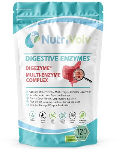 Digestive Enzymes | 120 Tablets | DigeZyme® | Contains Amylase, Lactase, Lipase, Protease & Cellulase | Digestion Support, Gut Health, Bloating & Discomfort Relief | Vegan | UK Made | by NutriVolv