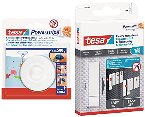 tesa Powerstrips Deckenhaken - Selbstklebender, drehbarer Haken in Weiß Powerstrips Large - Bis zu 500g & Powerstrips Tapete&Putz - doppelseitige Klebestreifen, Haltekraft 6x1KG