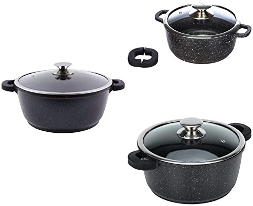 Kamberg Faitout Trio 20cm, 24cm, 28cm - Fonte d'Aluminium - Revêtement type pierre - Couvercle en verre - Tous feux dont induction - Sans PFOA