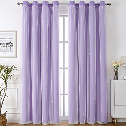 Nyescasa Verdunklungs Vorhänge mit Höhlen mit Voile 2er Set 244x132cm Lila | Kinderzimmer Vorhang Doppellagige Gardienen Sterne mit Voile Ösenschal für Wohnzimmer Schlafzimmer Mädchen Dekoschal