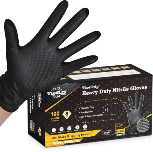 TitanFlex Heavy Duty Black Industrial Nitrile Gloves, 8-mil, Small, Box of 100, Latex Free, Raised Diamond Texture, Powder Free, Food Safe, Rubber Gloves, Mechanic Gloves(S)