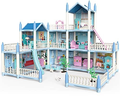 deAO Puppenhaus für Mädchen, 3-stöckiges DIY Puppenhaus mit Möbel, Zubehör, Haustier, Geschichten Prinzessin Traumhaus Spielzeug, Geschenk für Kinder ab 3 4 5 6 7 8 Jahre (Blau)