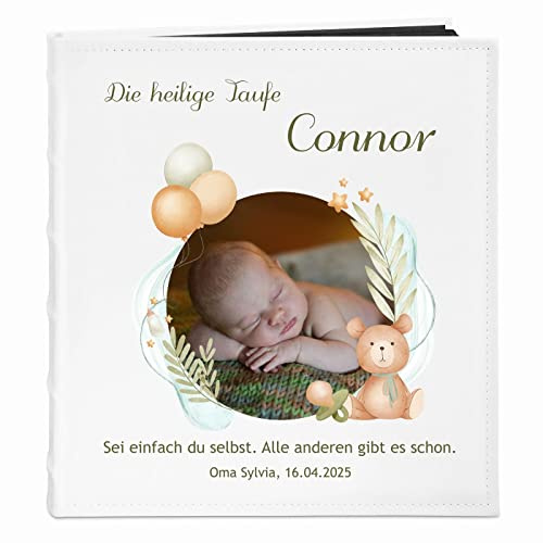 Maverton Fotoalbum zum Selbstgestalten mit Aufdruck - für 240 Fotos 10x15-60 schwarze Seiten - Größe 33x30cm - Weiß - personalisierte Geschenke für Baby zur Taufe Geburt - Geburtstagsgeschenk