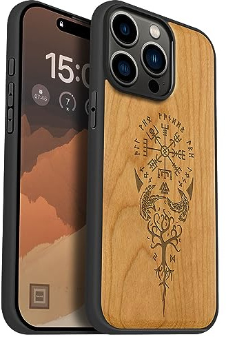 Carveit Wood Case for iPhone 15 Pro Max (Viking Compass Vegvisir -Cherry) | Magnetic iPhone 15 Pro Max Case - Compatible with MagSafe Wireless Chargers - Engraved Wood with Soft TPU Shockproof Bumper