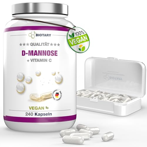 D-mannose - Inconfort Urinaire - 1950 mg portion quotidienne - 240 gélules - avec vitamine C - avec pilulier - testé en laboratoire - végétalien - Qualité certifiée – 100% naturel - sans additifs