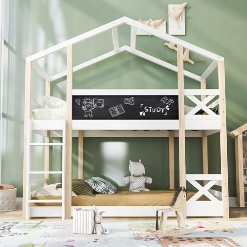 Daesar Hochbett 2 Kinder 90x200, Baumhaus Kinderbett mit Leiter und Lattenrost, Rausfallschutz Bett für Kinder Mädchen, Natur Weiß