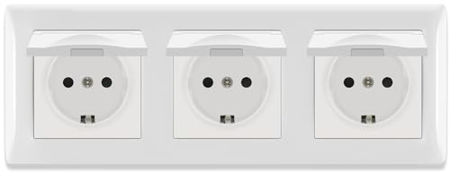 BSEED Schuko Steckdose 3 Fach mit wasserdichter Abdeckung, Unterputz Steckdose mit Steckklemme, PC Rahmen Dreifachsteckdose, Schutzkontakt Wandsteckdose Weiß - 223 mm