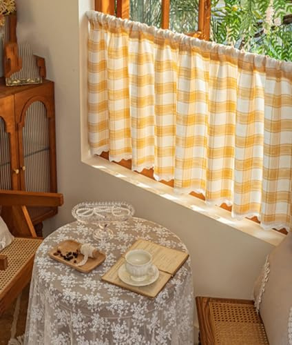 Devola Scheibengardinen Kariert Landhausstil HxB 45x120cm Gelb 1 Stück | Bistrogardine Karo Küchengardinen mit Spitze, Kurzstore mit Stangendurchzug, Kurzgardine Blickdicht Gardine Privatsphäre