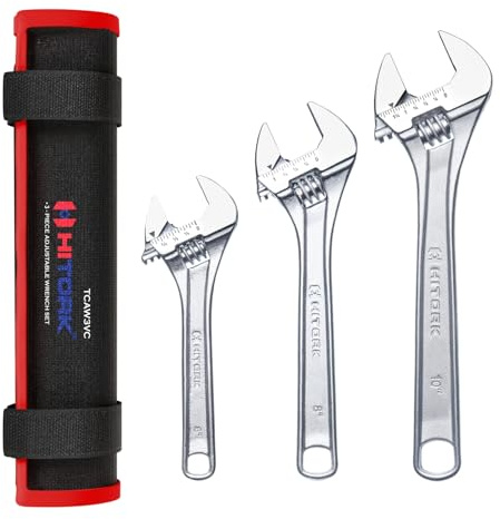 Hitork 3-Piece Adjustable Wrench Set 6-Inch, 8-Inch, 10-Inch, Chrome-Plated Cr-V Steel, Wide Opening Jaws, Laser Etched SAE & Metric Scale, Polished Head, Smooth Knurl, Roll Pouch Included