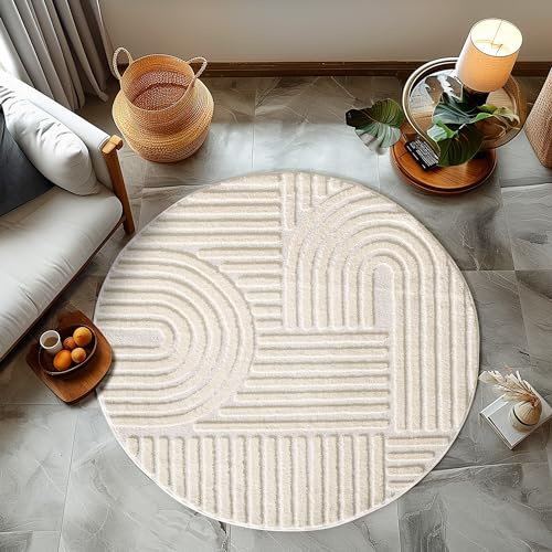 HomebyHome Teppich Rund 80 cm Creme, Hochflor Wohnzimmer Teppich, Weich & Flauschig, Skandinavisch Boho Stil, Langflor Shaggy, Pflegeleicht, Jute Rückseite