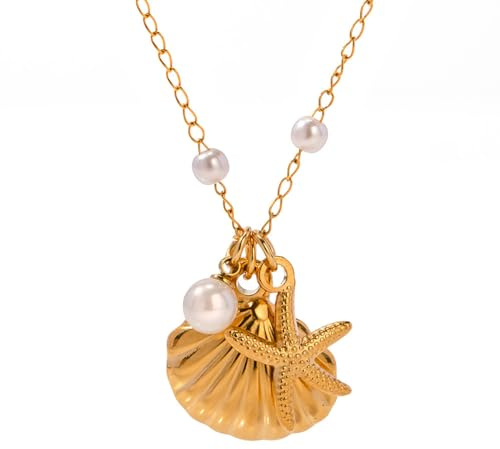 Hebterrka Muschel Seestern Perlen Anhänger Halskette für Frauen, Strand Charm Anhänger Halskette, Zarte Verstellbare Gold Schichten Sommer Ozean Schmuck