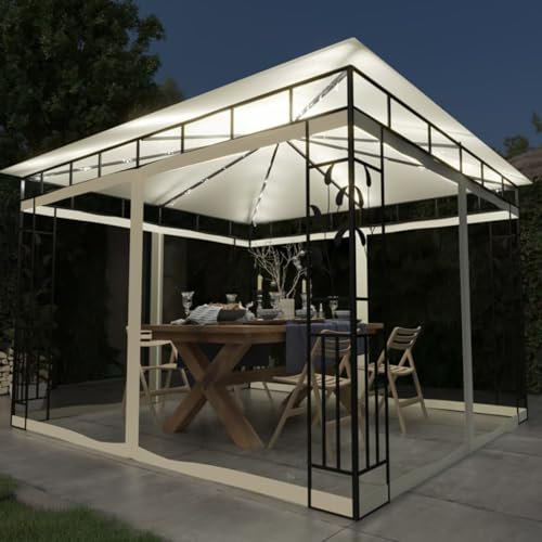 Homgoday Pavillon mit Moskitonetz und LED-Lichtern, 3 x 3 x 2,73 m, Creme, Möbel für den Außenbereich, für Garten, Balkon, Terrasse, Gartenpavillon, faltbar,