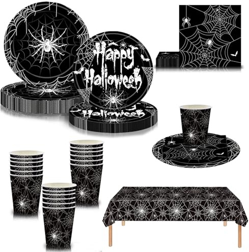 69Pcs Halloween Party Tableware Halloween Plastic Table Cloth,Paper Plates,Napkins Serviette and Cups,Spooky Spider Black Dinnerware Set for Hallo-ween Party Supplier Table Decoration