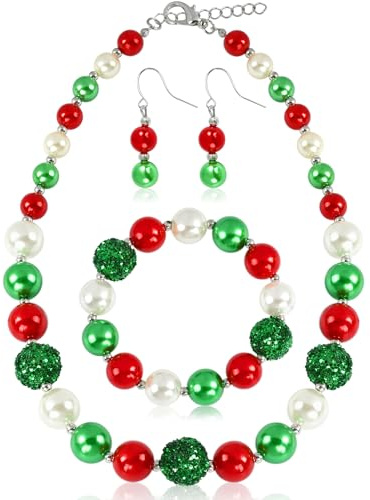 3 Stück Weihnachten Schmuck Set mit Weihnachtsarmbänder Weihnachten Halskette Weihnachtsohrringe, Weihnachten Ohrringe Perlen Halskette Perlen Armband, Weihnachtsgeschenke für Damen und Mädchen