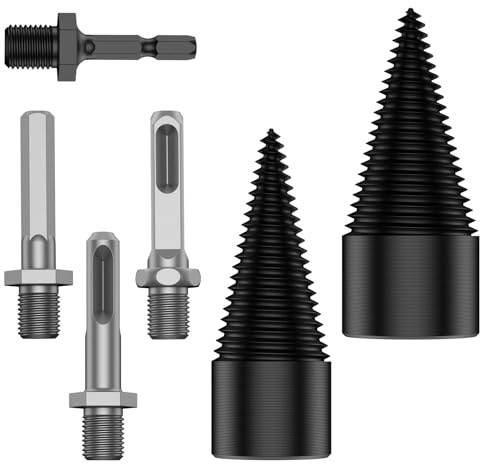 Deuson 2Pcs Wood Splitter Drill Bit Set 32 mm 42 mm Steel Firewood Log Splitter Efficient Firewood Splitting Drill Bit Screw Cone Wood Splitter with 4 Handles for Soft and Dry Wood