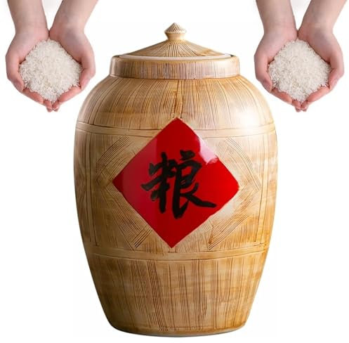 Ceramic Rice Bucket, Food Storage Container with Lid, Sealed Ceramic Rice Cylinder Rice Container, Chinese Rice Storage Box Grain Dispenser, for Cereal, Coffee, Tea(110lg/50kg)