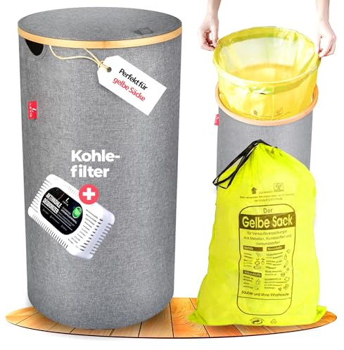 Levio® Gelber Sack Ständer mit Deckel – Müllsackhalter & Müllsackständer [80L mit Geruchsfilter] – Mülleimer Gelber Sack Indoor – Stabiler Ständer für Gelben Sack – Gelbe Säcke Behälter (Grau)