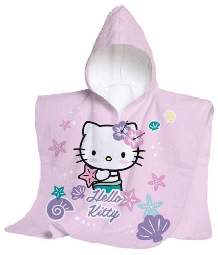 hermet, Hello Kitty, Toalla de Playa con Capucha, Poncho de Playa Maxi para Niño, 60x60 cm, Toalla para Playa o Piscina, 100% Algodón Suavísimo