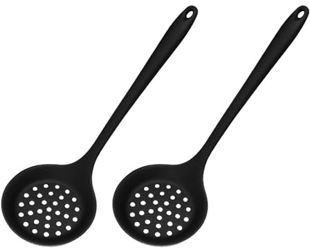 Lot de 2 passoires de cuisine, écumoire, louche, passoire en silicone, cuillère fendue avec long manche, ustensiles de cuisine pour la cuisine