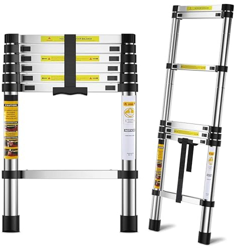 2M Telescopic Ladder 150kg Heavy Duty, Aluminium Extendable Loft Ladder with Independent Locking System & Non-Slip Feet, Portable Folding Extension Ladder for Attic, Roof, Garage, Caravan & Home Use